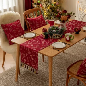 Red Christmas Polyester Table Runner Christmas Snowflake Deer Bed Runner Table Decoration Bucket Cabinet TV Cabinet Covers