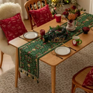 Green Yarn-Dyed Jacquard Christmas Table Runner Christmas Deer Fringed Household Polyester Tablecloth Decoration Table Runners