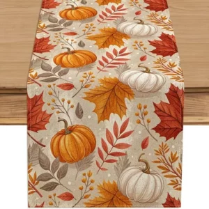 Fall Harvest Pumpkin Maple Leaf Linen Table Runner Holiday Party Decor Reusable Kitchen Dining Table Runner Autumn Decorations