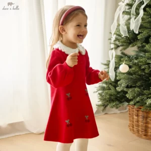 Girls Floral Embroidery Red Knitted Party Dress Apparel